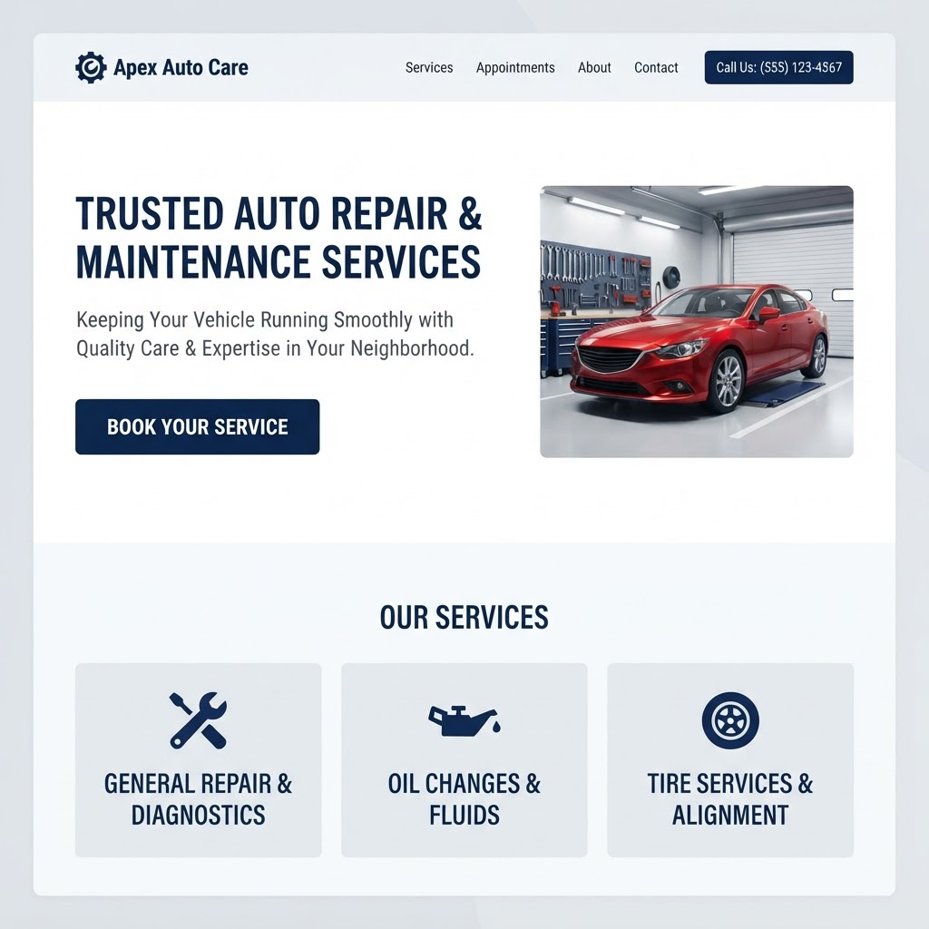 Demo website mockup for a local business, showing a hero section, services, and customer reviews